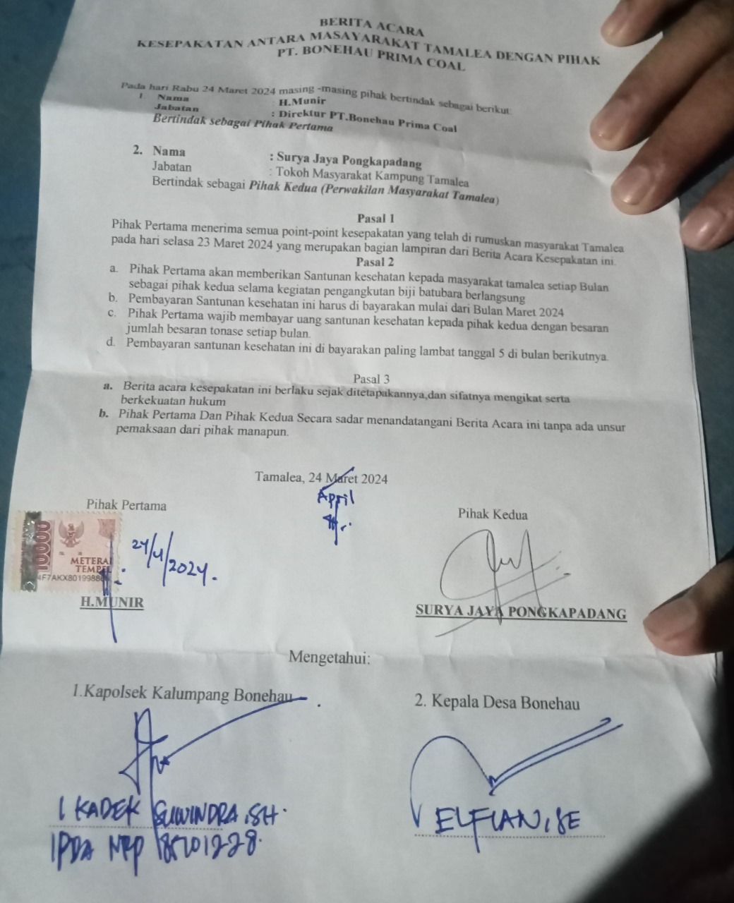 Bukti kesepakatan yang dilakukan masyarakat dan PT. BPC